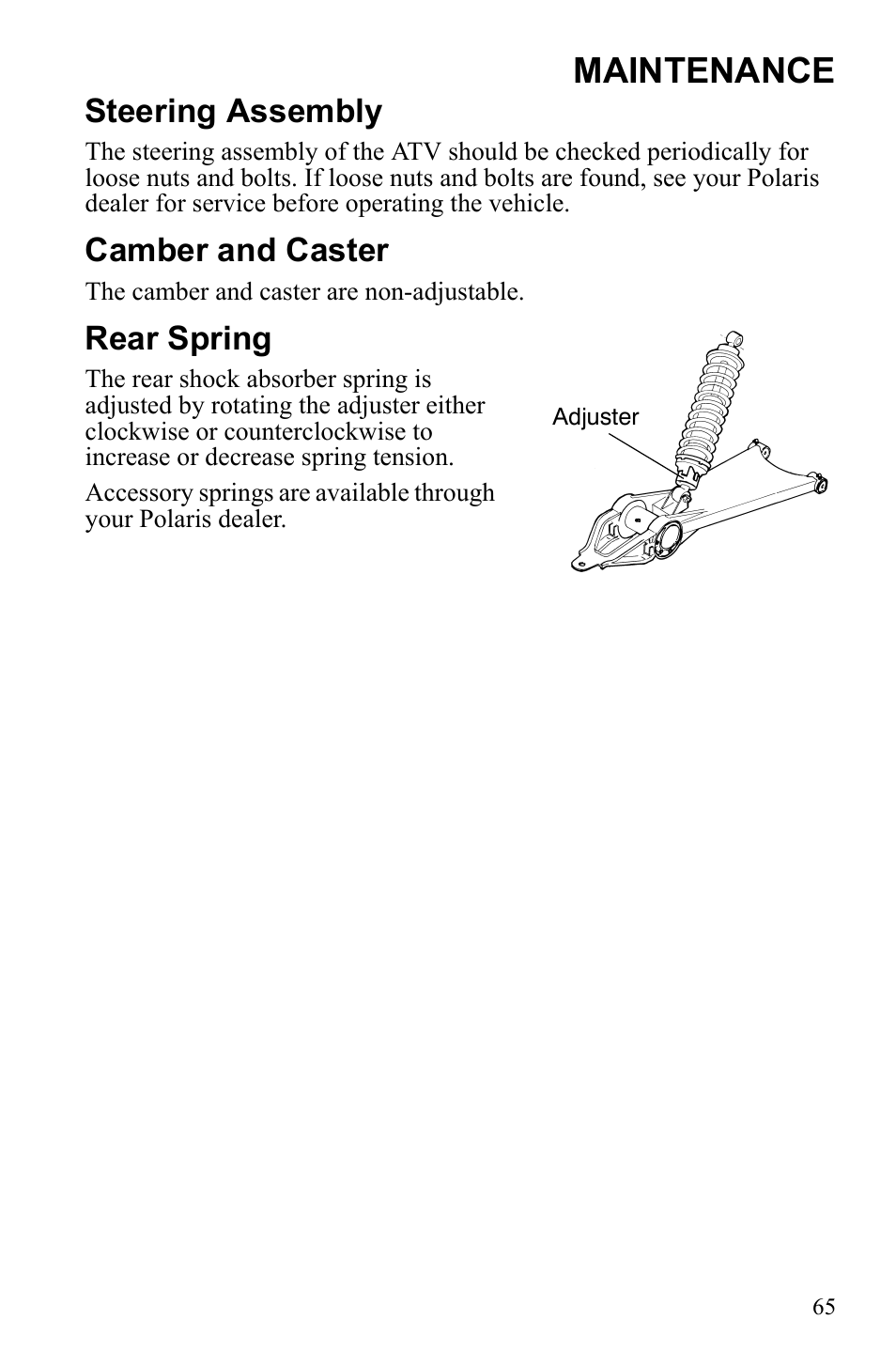 Maintenance, Steering assembly, Camber and caster | Rear spring | Polaris 9922462 User Manual | Page 68 / 118