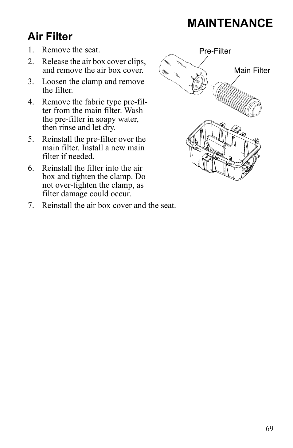 Maintenance, Air filter | Polaris 9922462 User Manual | Page 72 / 118