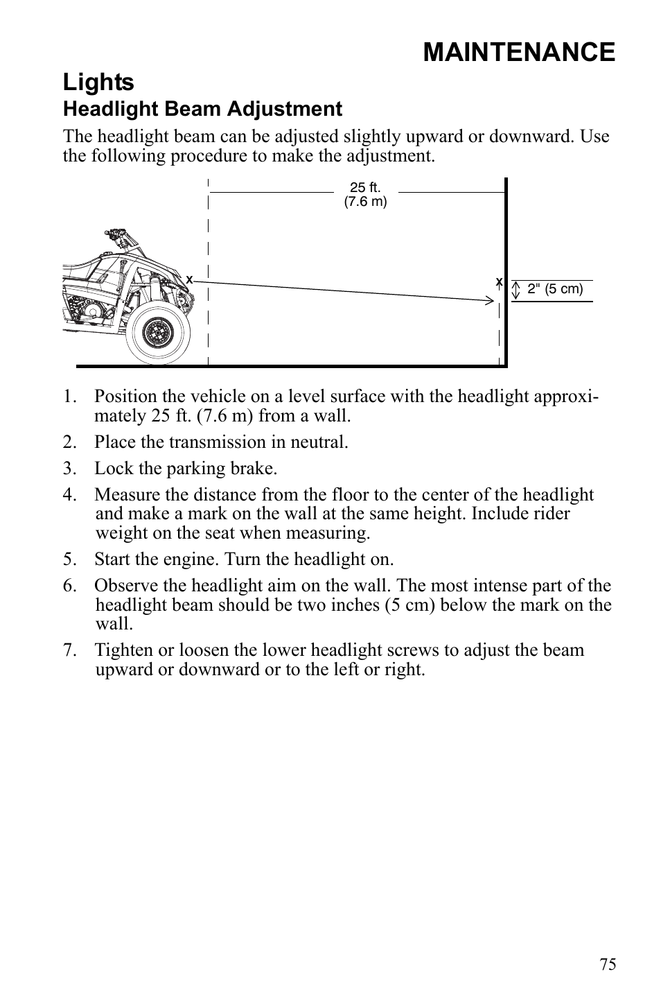 Maintenance, Lights, Headlight beam adjustment | Polaris 9922462 User Manual | Page 78 / 118