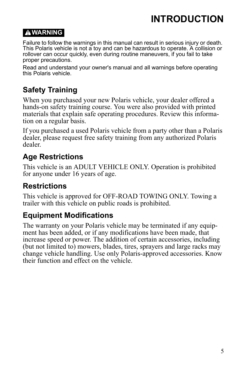 Introduction | Polaris 9922462 User Manual | Page 8 / 118