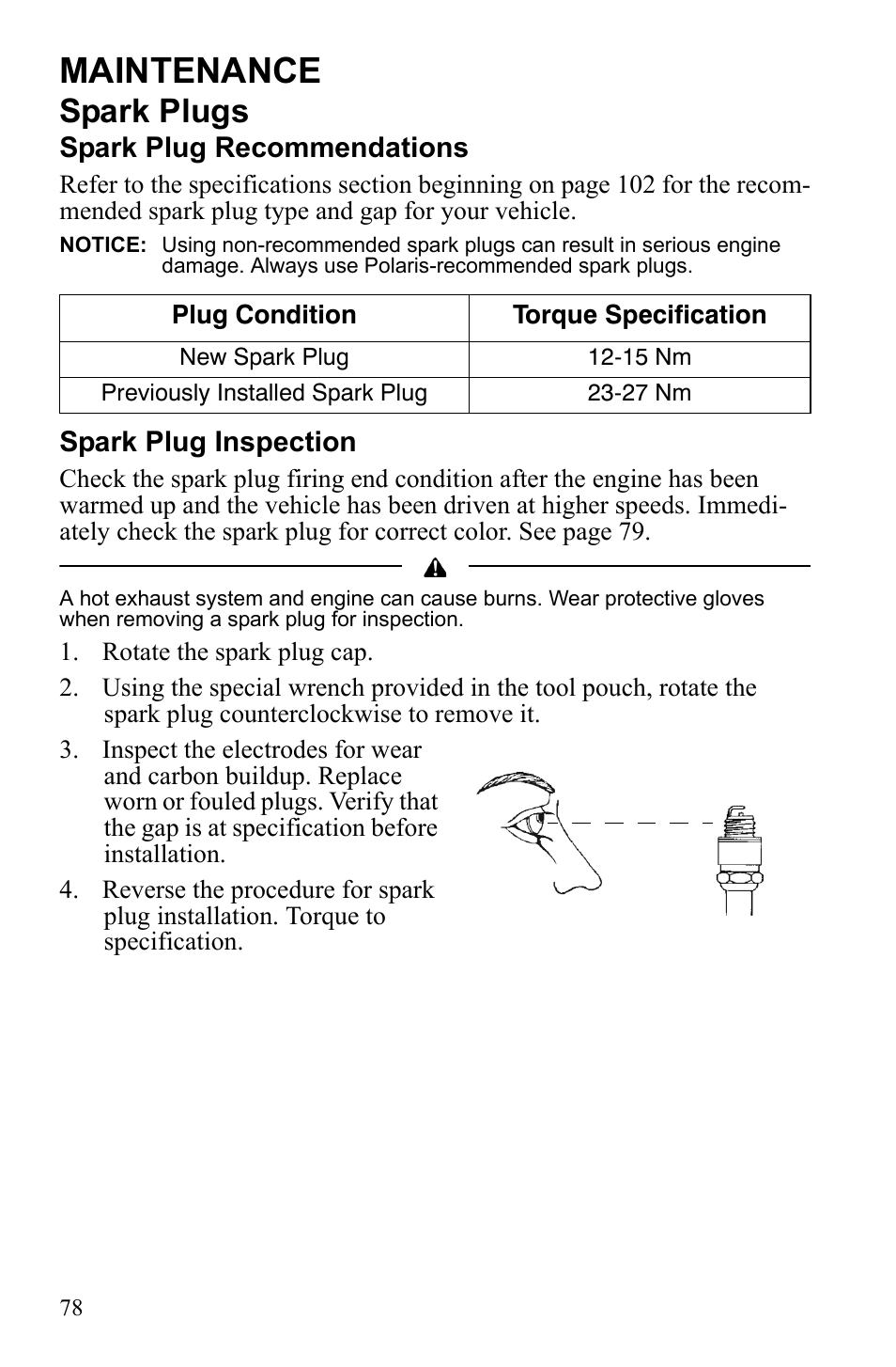 Maintenance, Spark plugs | Polaris 9922462 User Manual | Page 81 / 118