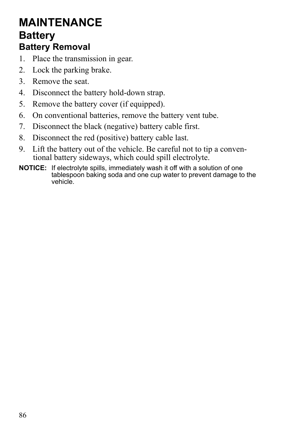 Maintenance, Battery | Polaris 9922462 User Manual | Page 89 / 118