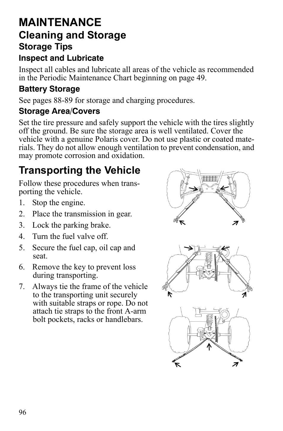 Maintenance, Cleaning and storage, Transporting the vehicle | Polaris 9922462 User Manual | Page 99 / 118