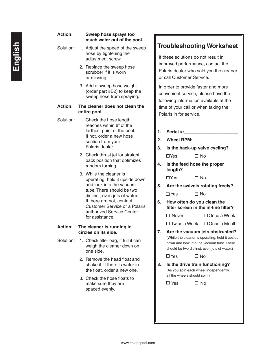 En g li s h, Troubleshooting worksheet | Polaris 280 User Manual | Page 10 / 64