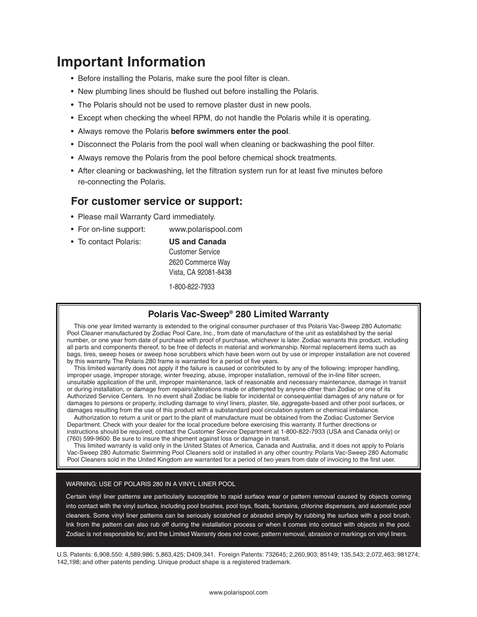 Important information, For customer service or support, Polaris vac-sweep | 280 limited warranty | Polaris 280 User Manual | Page 2 / 64