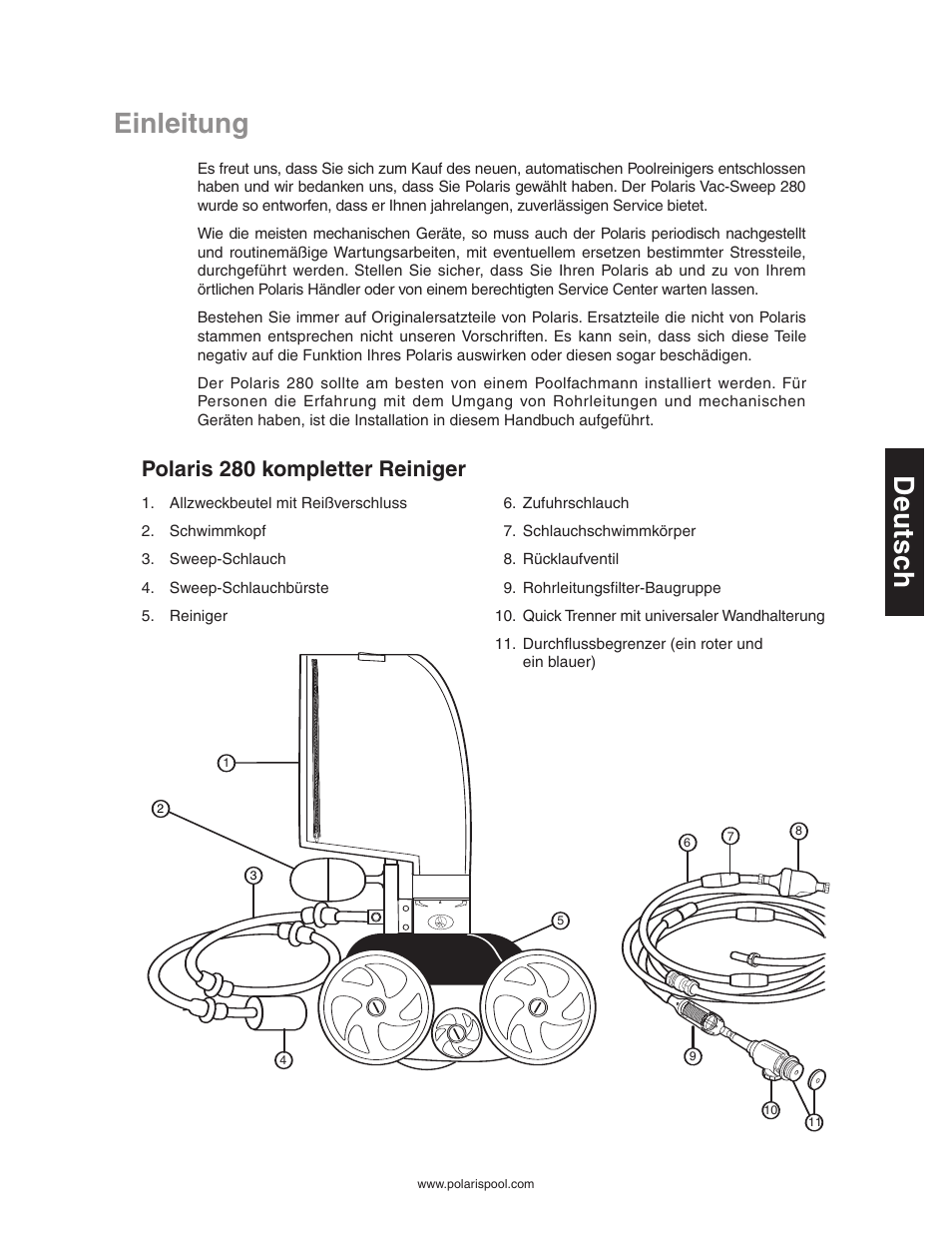 Einleitung, De u ts c h, Polaris 280 kompletter reiniger | Polaris 280 User Manual | Page 23 / 64