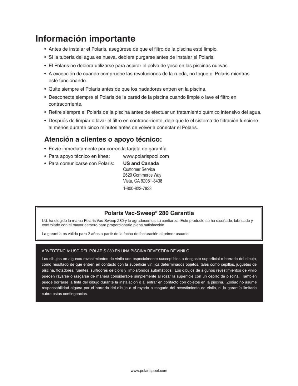 Información importante, Atención a clientes o apoyo técnico | Polaris 280 User Manual | Page 32 / 64