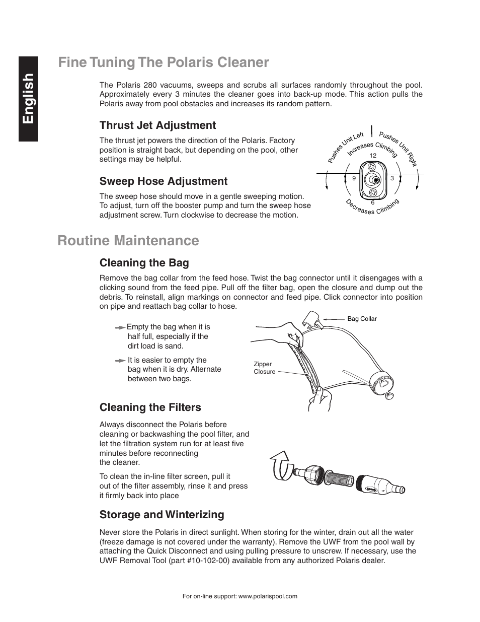 Fine tuning the polaris cleaner, En g li s h, Routine maintenance | Thrust jet adjustment, Sweep hose adjustment, Cleaning the bag, Cleaning the filters, Storage and winterizing | Polaris 280 User Manual | Page 6 / 64