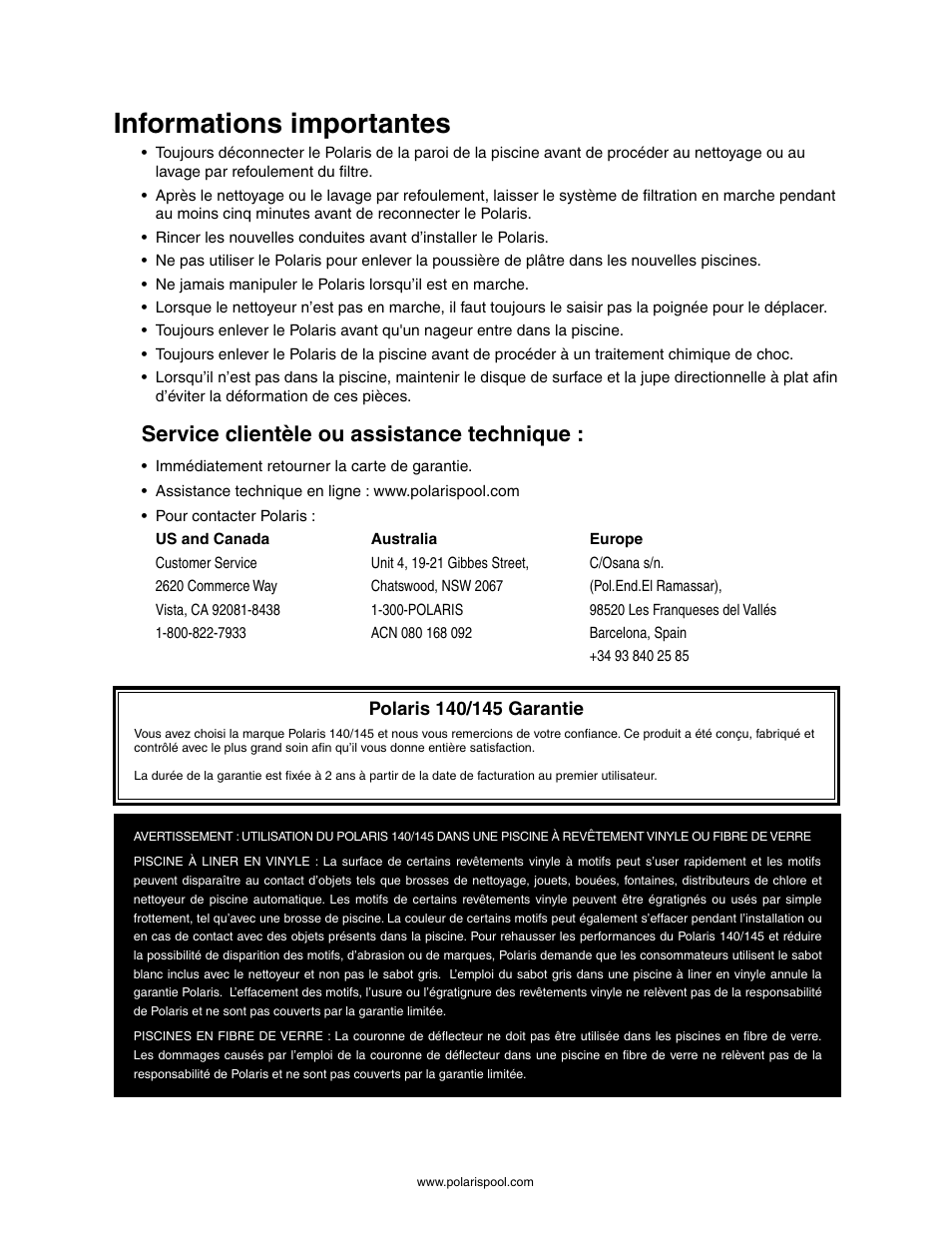 Informations importantes, Service clientèle ou assistance technique | Polaris 145 User Manual | Page 12 / 63