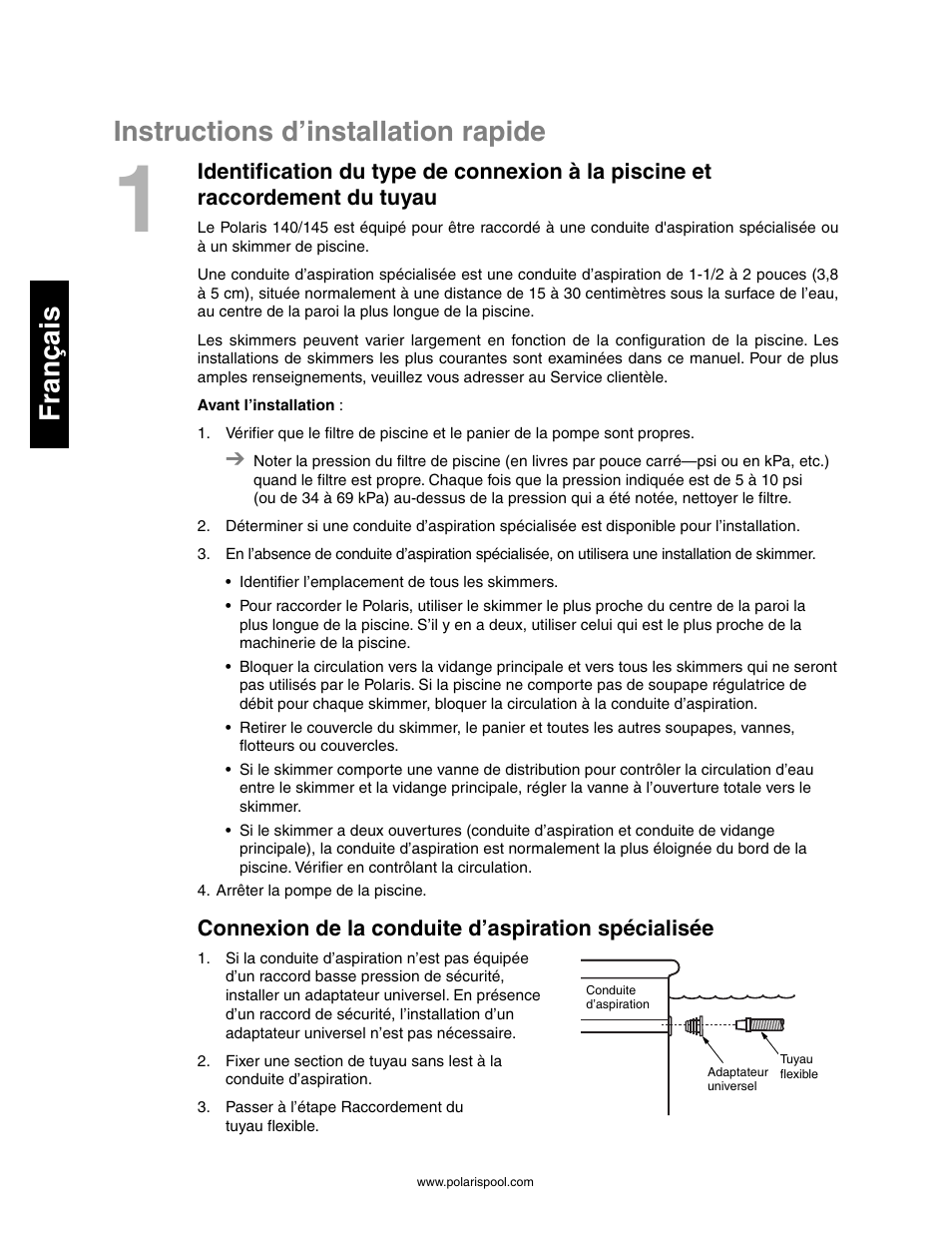 Instructions d’installation rapide, Français, Connexion de la conduite d’aspiration spécialisée | Polaris 145 User Manual | Page 14 / 63