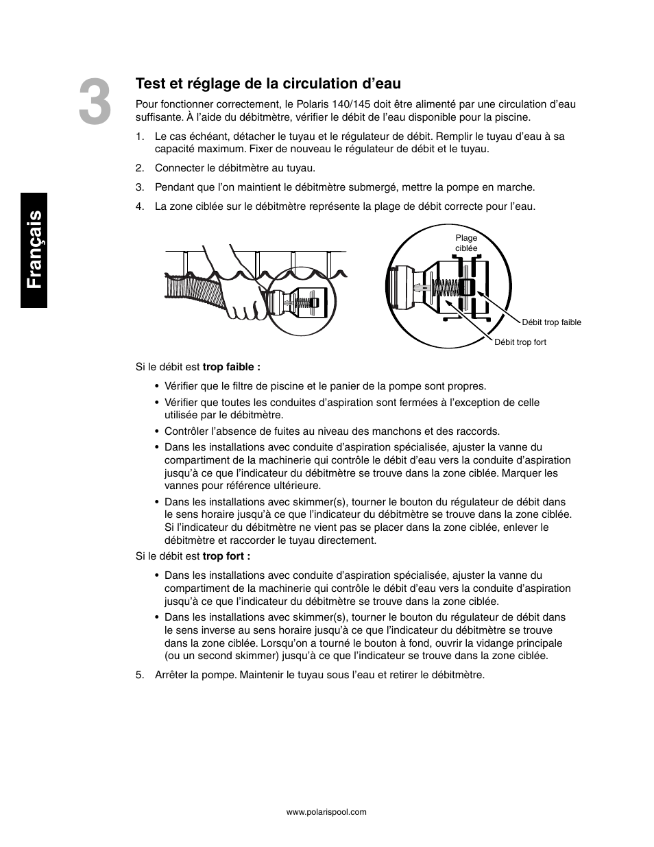 Français, Test et réglage de la circulation d’eau | Polaris 145 User Manual | Page 16 / 63