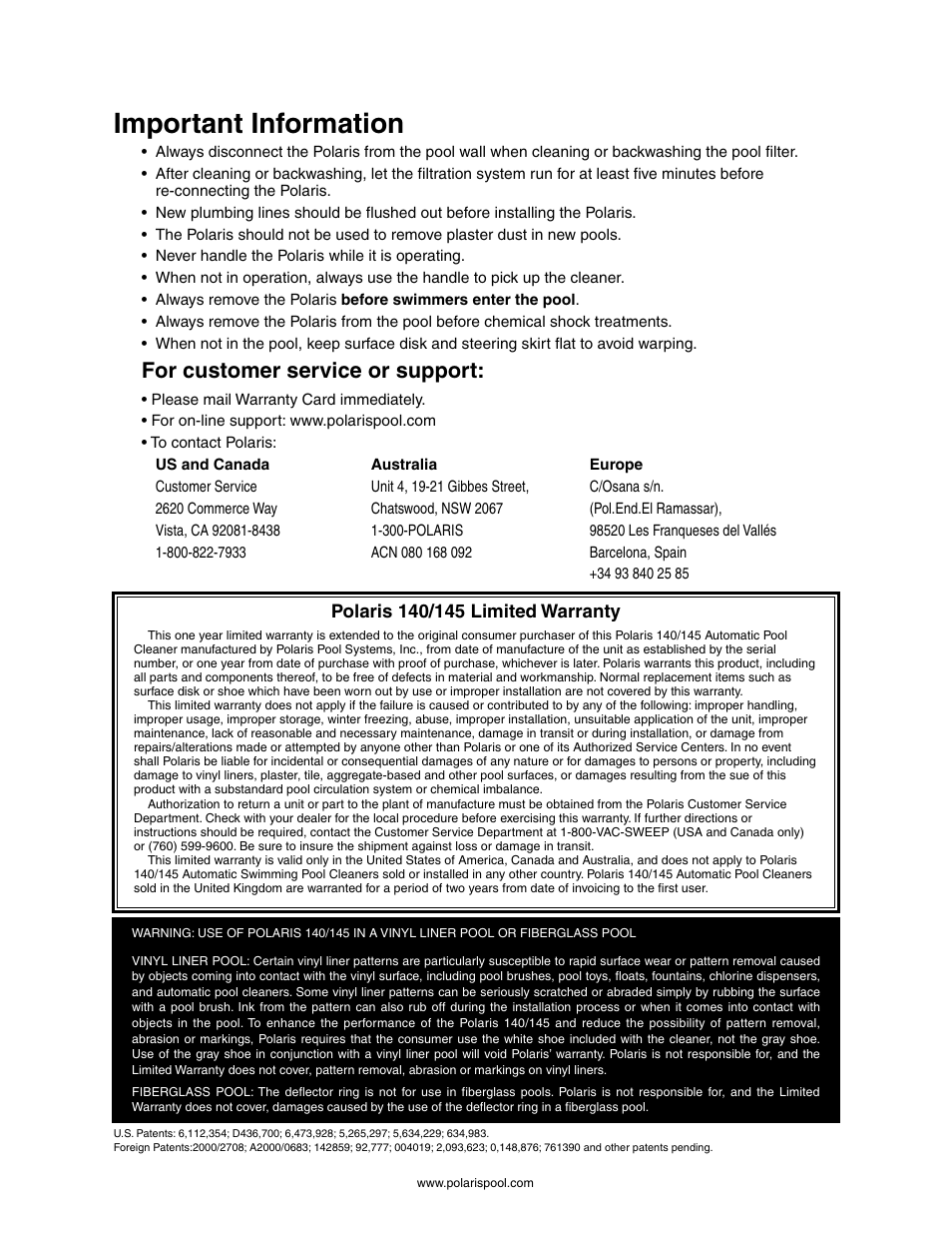 Important information, For customer service or support | Polaris 145 User Manual | Page 2 / 63