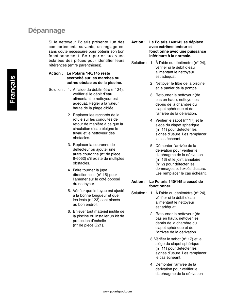 Dépannage français | Polaris 145 User Manual | Page 20 / 63