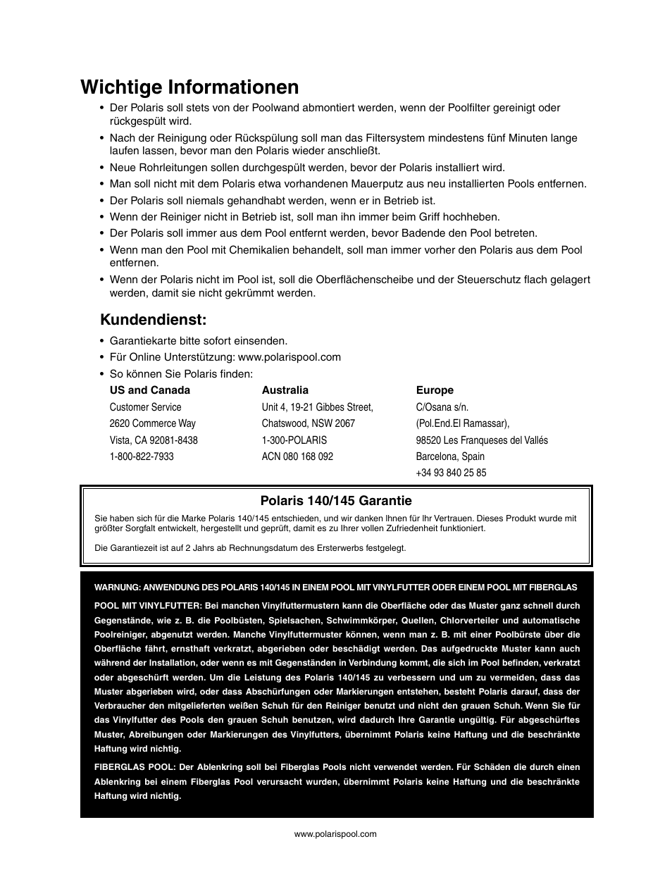 Wichtige informationen, Kundendienst | Polaris 145 User Manual | Page 22 / 63