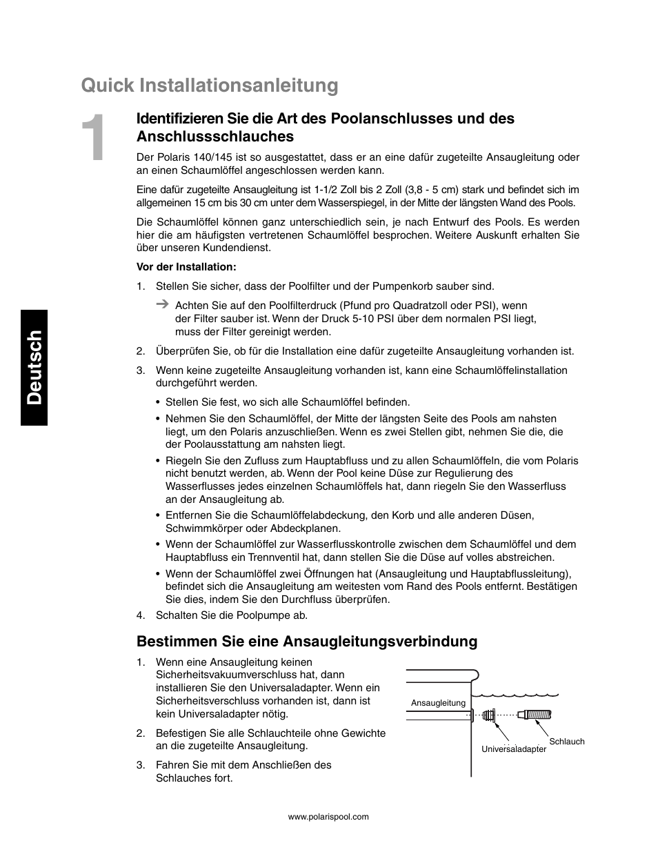 Quick installationsanleitung, Deutsc h, Bestimmen sie eine ansaugleitungsverbindung | Polaris 145 User Manual | Page 24 / 63