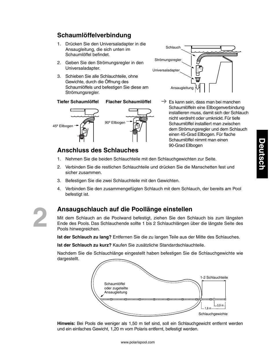 Deutsc h, Schaumlöffelverbindung, Anschluss des schlauches | Ansaugschlauch auf die poollänge einstellen | Polaris 145 User Manual | Page 25 / 63