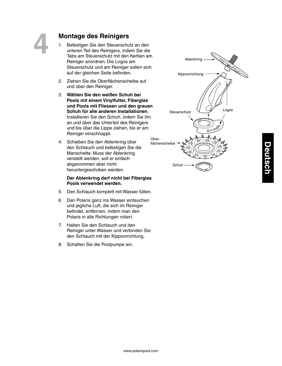 Bedienung und routinemäßige wartung, Deutsc h, Montage des reinigers | Polaris 145 User Manual | Page 27 / 63