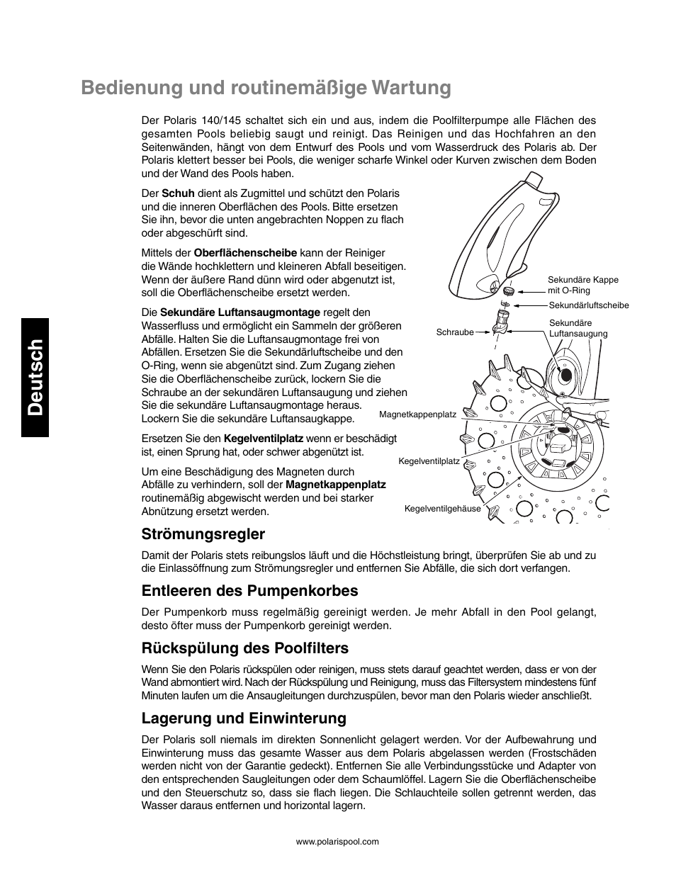 Bedienung und routinemäßige wartung, Deutsc h, Strömungsregler | Entleeren des pumpenkorbes, Rückspülung des poolfilters, Lagerung und einwinterung | Polaris 145 User Manual | Page 28 / 63