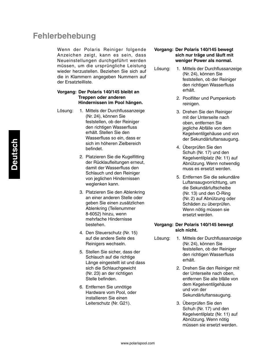 Fehlerbehebung deutsc h | Polaris 145 User Manual | Page 30 / 63