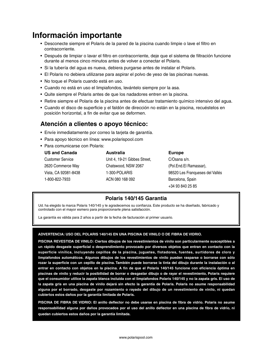 Información importante, Atención a clientes o apoyo técnico | Polaris 145 User Manual | Page 32 / 63