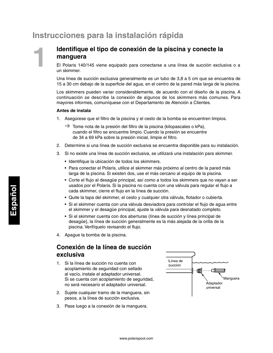 Instrucciones para la instalación rápida, Español, Conexión de la línea de succión exclusiva | Polaris 145 User Manual | Page 34 / 63