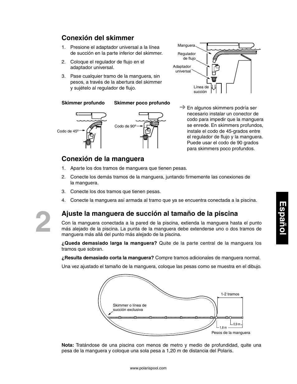 Español, Conexión del skimmer, Conexión de la manguera | Polaris 145 User Manual | Page 35 / 63