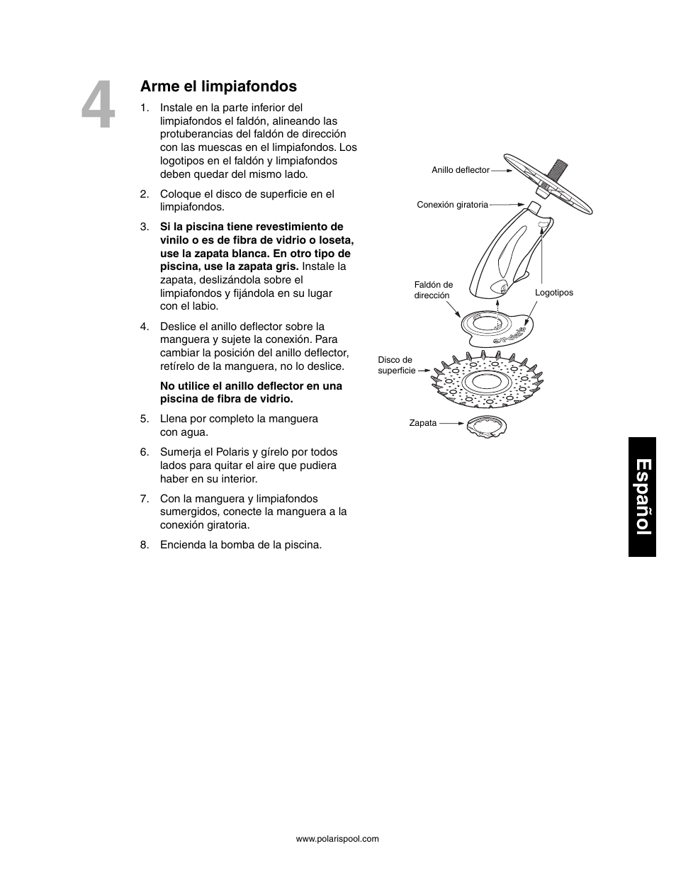 Uso y mantenimiento periódico, Español, Arme el limpiafondos | Polaris 145 User Manual | Page 37 / 63