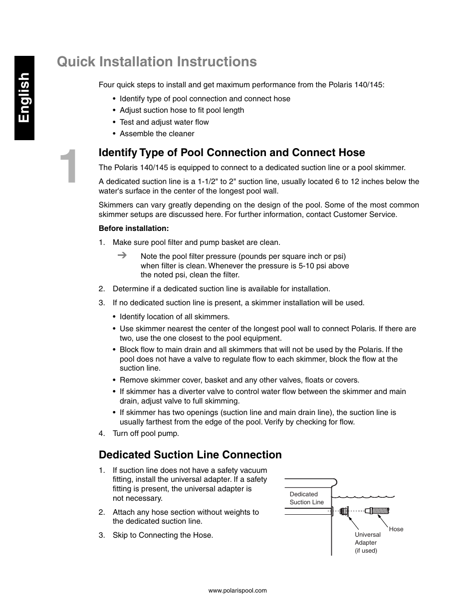 Quick installation instructions, English, Identify type of pool connection and connect hose | Dedicated suction line connection | Polaris 145 User Manual | Page 4 / 63