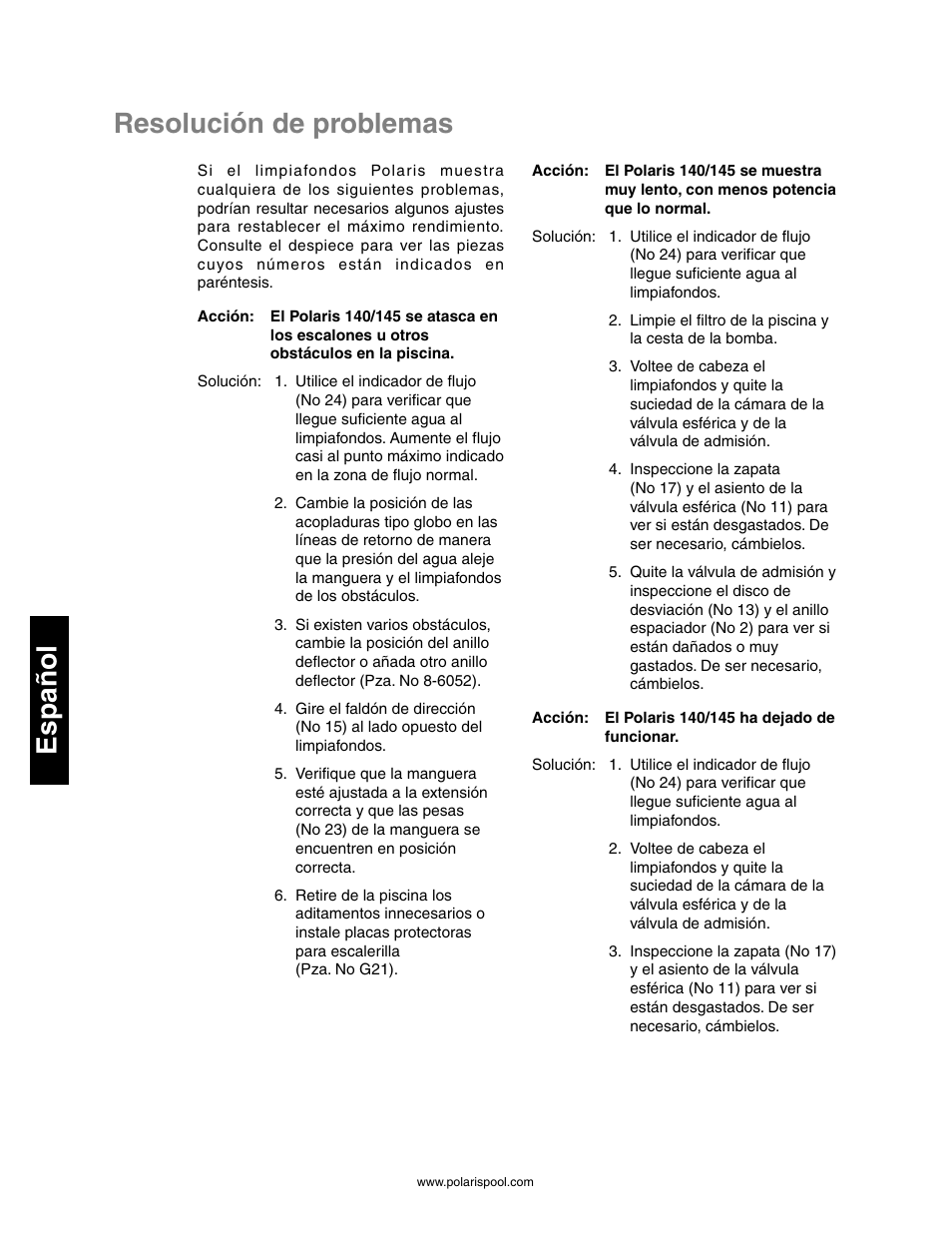 Resolución de problemas español | Polaris 145 User Manual | Page 40 / 63