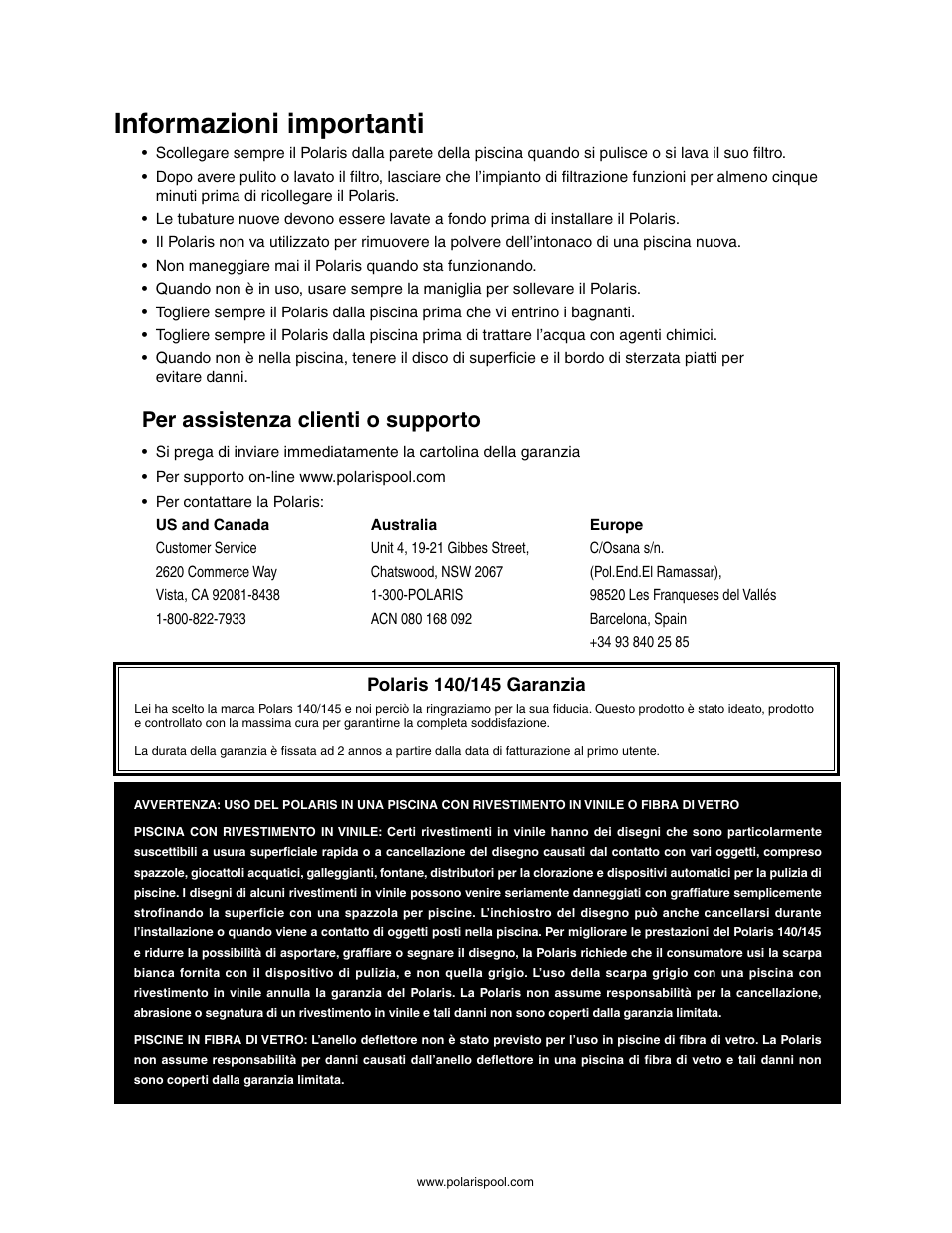 Informazioni importanti, Per assistenza clienti o supporto | Polaris 145 User Manual | Page 42 / 63