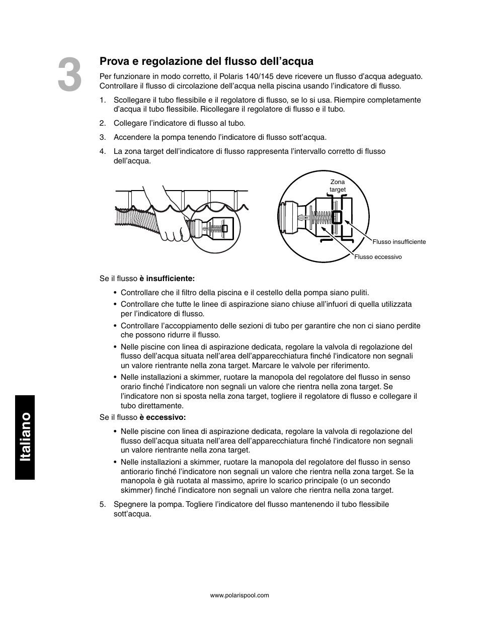 Italiano, Prova e regolazione del flusso dell’acqua | Polaris 145 User Manual | Page 46 / 63