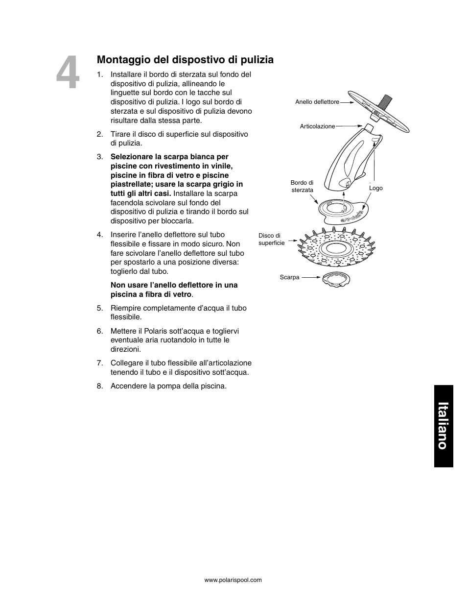 Funzionamento e manutenzione ordinaria, Italiano, Montaggio del dispostivo di pulizia | Polaris 145 User Manual | Page 47 / 63