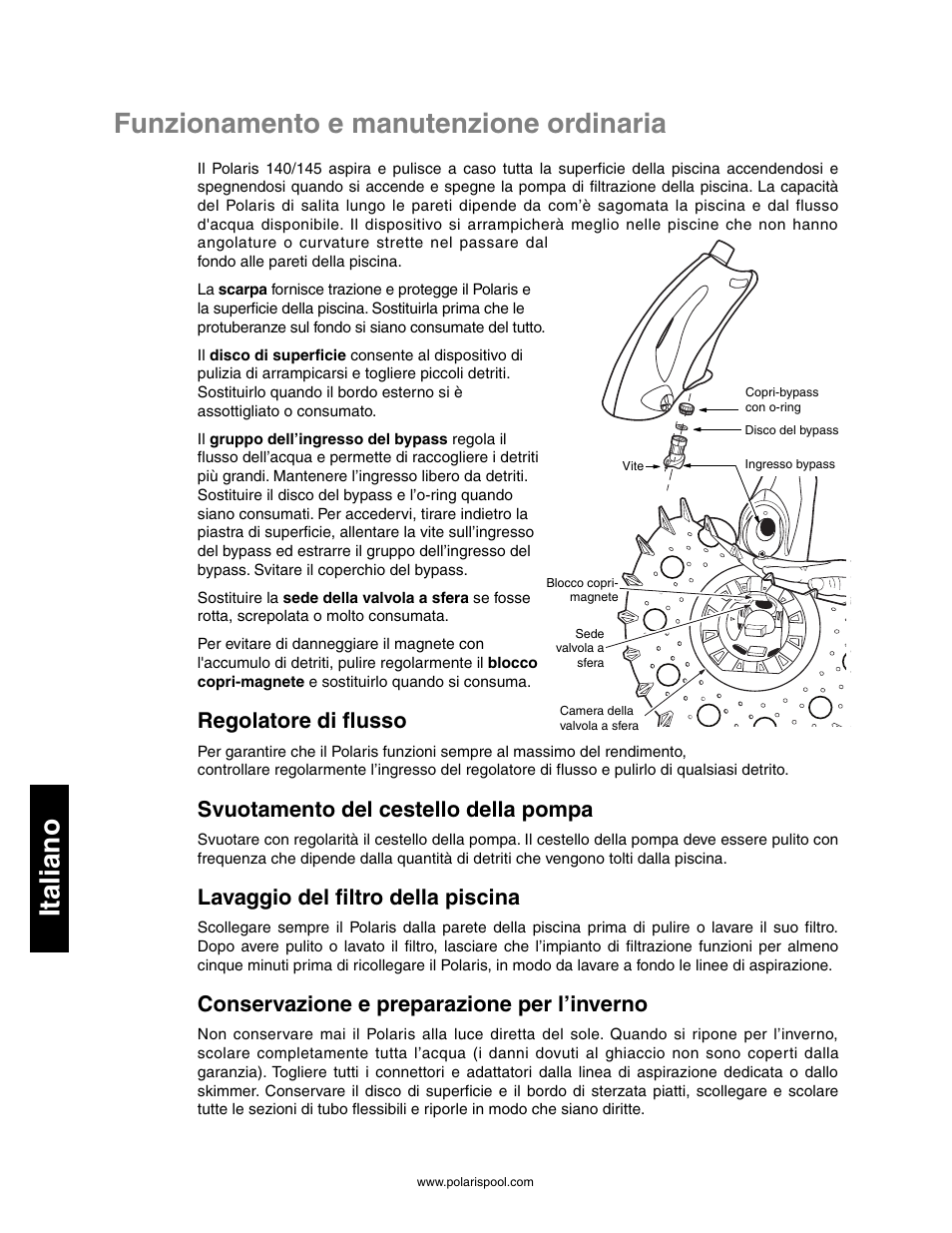 Funzionamento e manutenzione ordinaria italiano, Regolatore di flusso, Svuotamento del cestello della pompa | Lavaggio del filtro della piscina, Conservazione e preparazione per l’inverno | Polaris 145 User Manual | Page 48 / 63