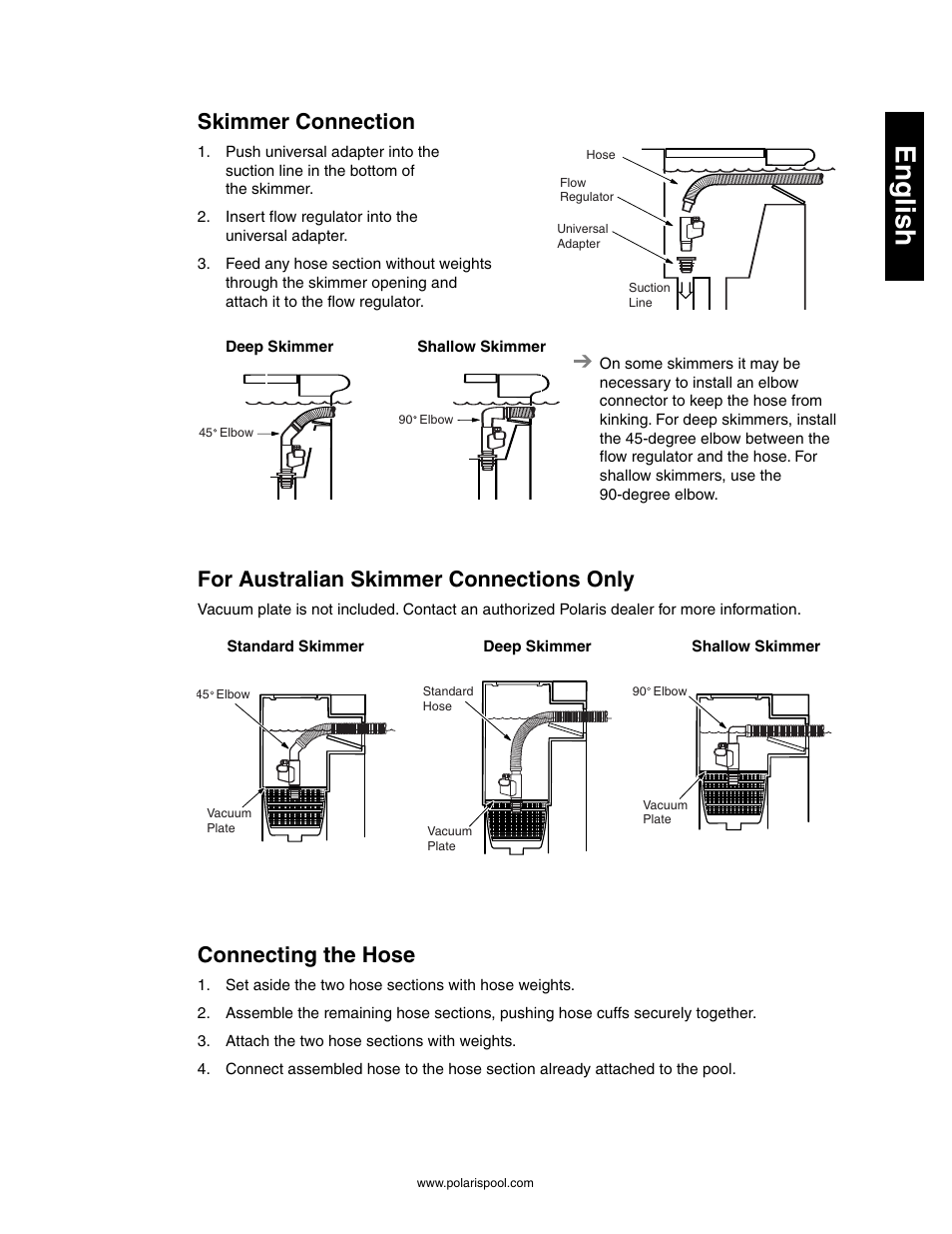 English, Skimmer connection, For australian skimmer connections only | Connecting the hose | Polaris 145 User Manual | Page 5 / 63