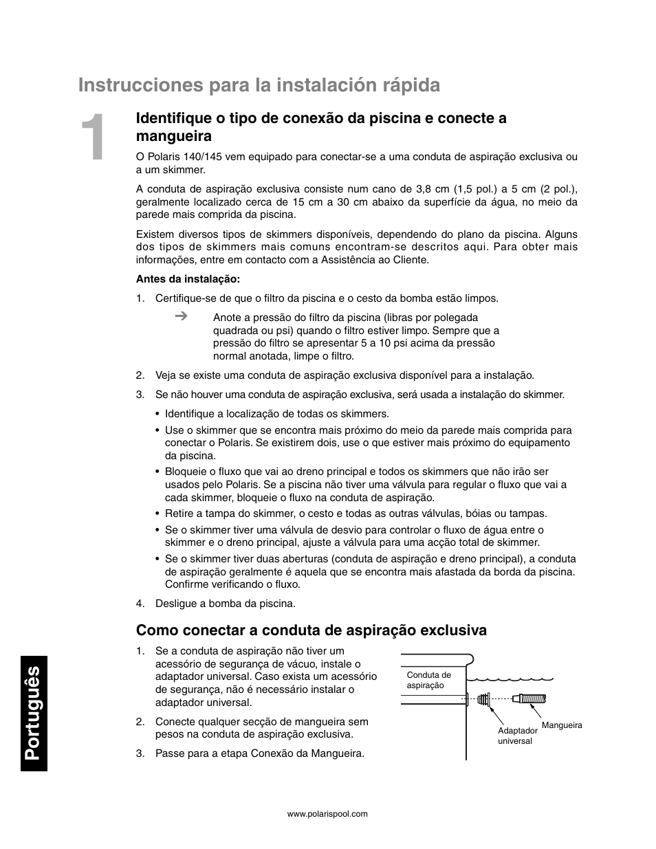 Instrucciones para la instalación rápida, Por tuguês | Polaris 145 User Manual | Page 54 / 63