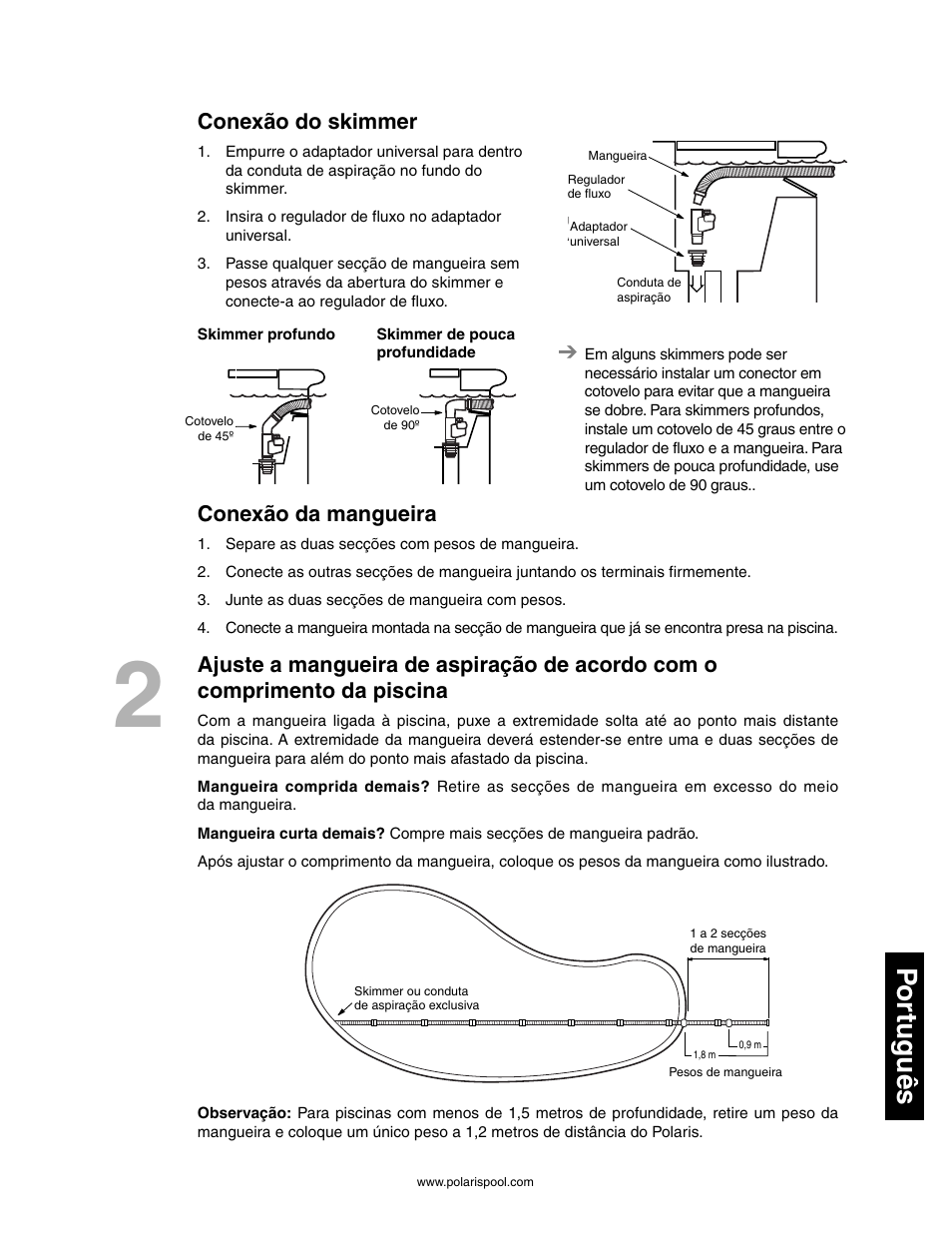 Por tuguês, Conexão do skimmer, Conexão da mangueira | Polaris 145 User Manual | Page 55 / 63