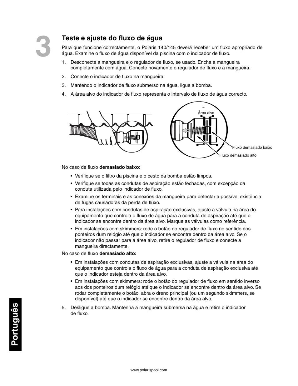 Por tuguês, Teste e ajuste do fluxo de água | Polaris 145 User Manual | Page 56 / 63