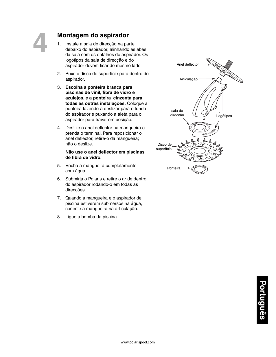 Funcionamento e manutenção de rotina, Por tuguês, Montagem do aspirador | Polaris 145 User Manual | Page 57 / 63