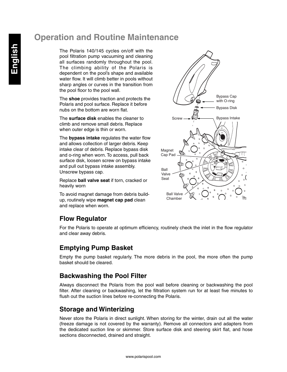 Operation and routine maintenance, Exploded parts diagram, Operation and routine maintenance english | Flow regulator, Emptying pump basket, Backwashing the pool filter, Storage and winterizing | Polaris 145 User Manual | Page 8 / 63