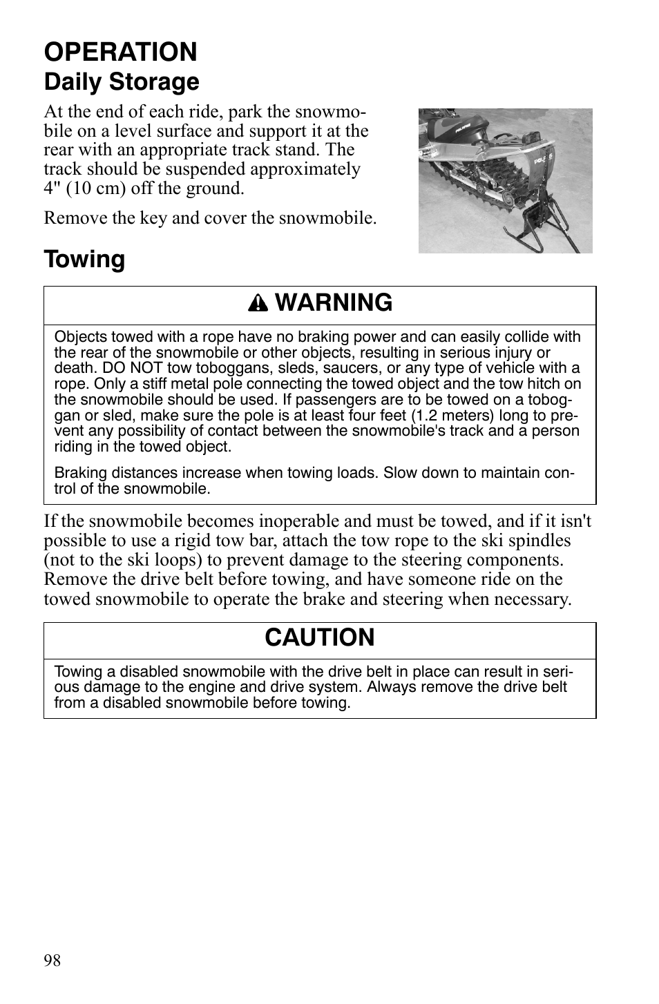 Operation, Daily storage, Towing | Warning, Caution | Polaris FST IQ Touring User Manual | Page 101 / 179