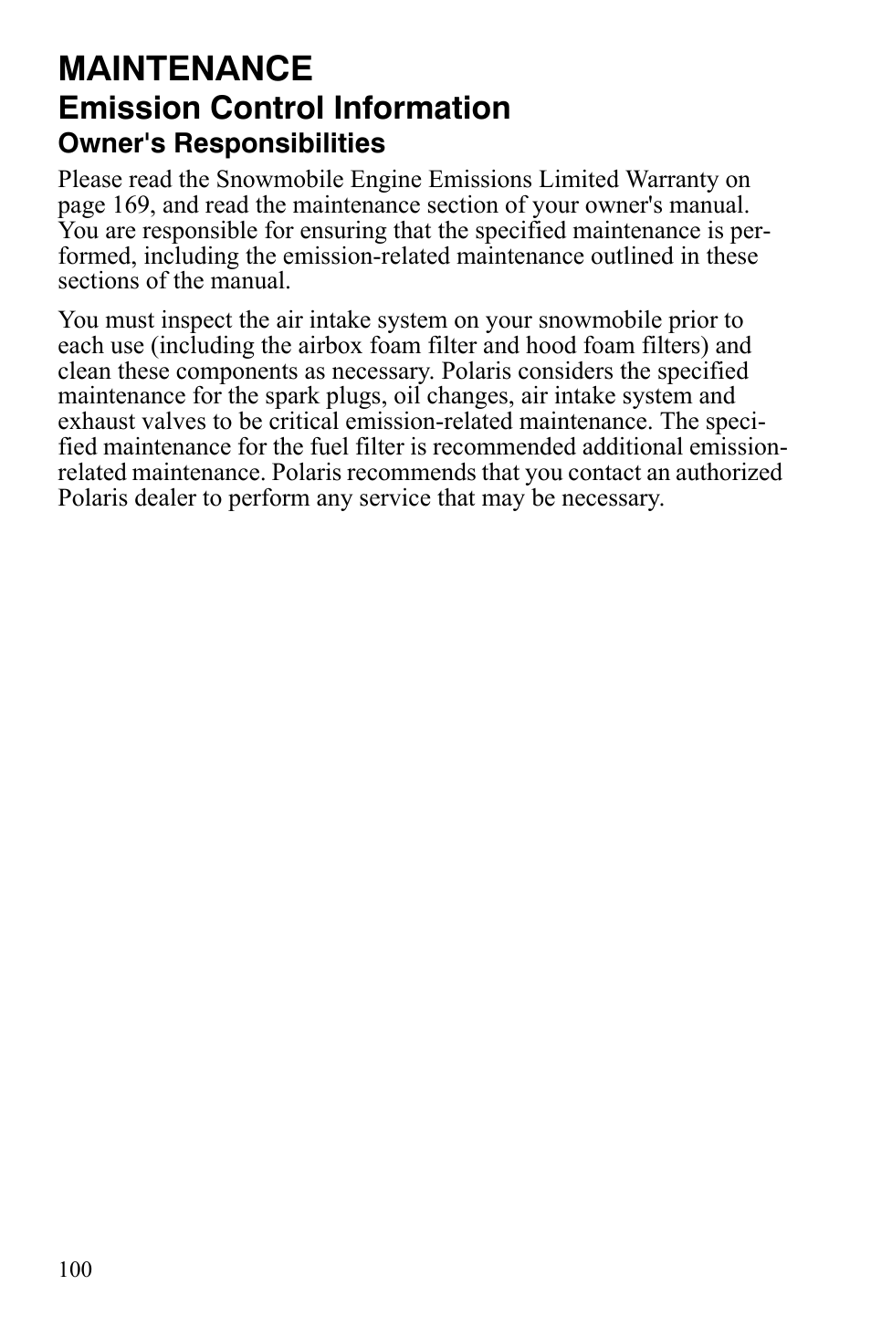 Maintenance, Emission control information | Polaris FST IQ Touring User Manual | Page 103 / 179