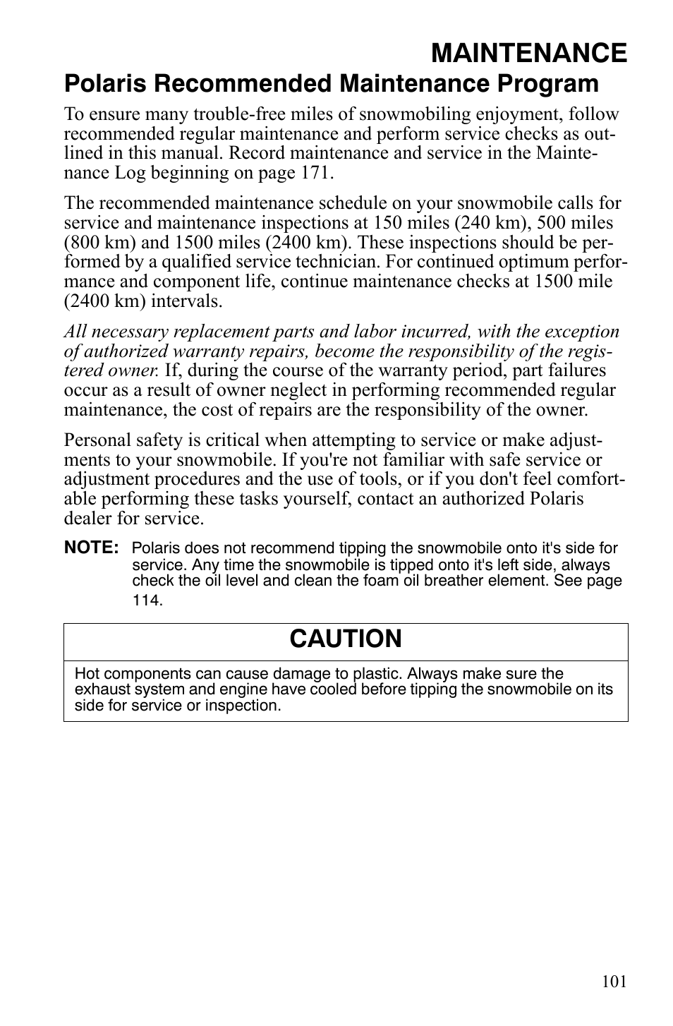 Maintenance, Polaris recommended maintenance program, Caution | Polaris FST IQ Touring User Manual | Page 104 / 179