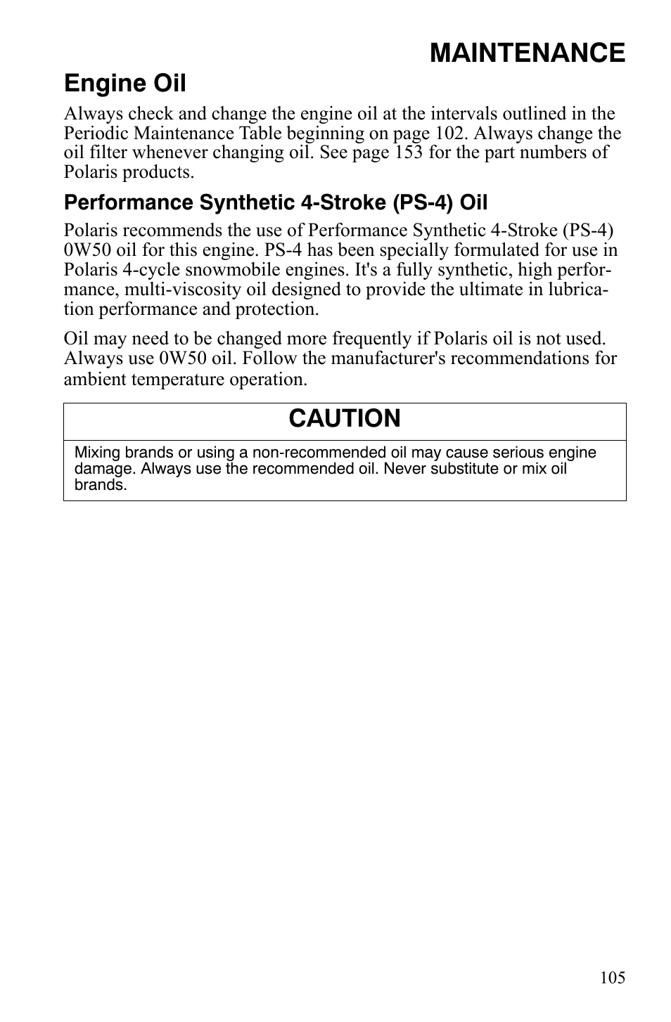 Maintenance, Engine oil, Caution | Polaris FST IQ Touring User Manual | Page 108 / 179
