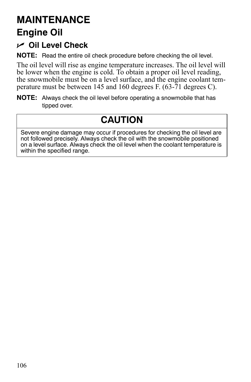 Maintenance, Engine oil, Caution | Noil level check | Polaris FST IQ Touring User Manual | Page 109 / 179