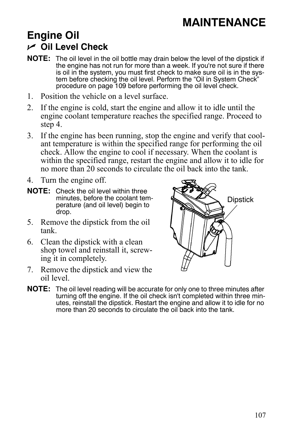 Maintenance, Engine oil, Noil level check | Polaris FST IQ Touring User Manual | Page 110 / 179