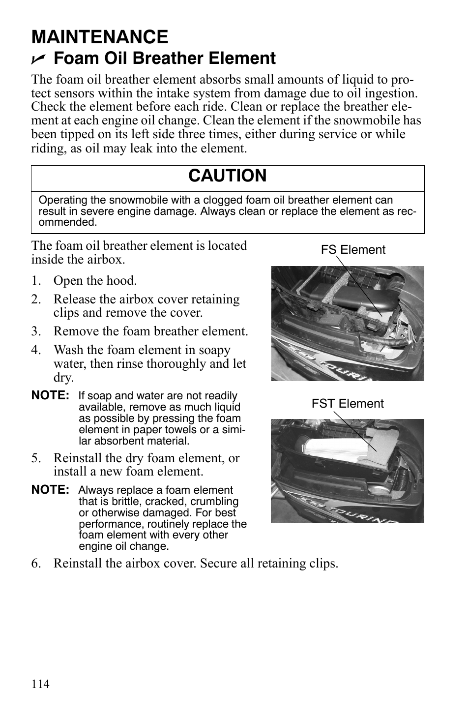 Maintenance, Foam oil breather element, Caution | Polaris FST IQ Touring User Manual | Page 117 / 179