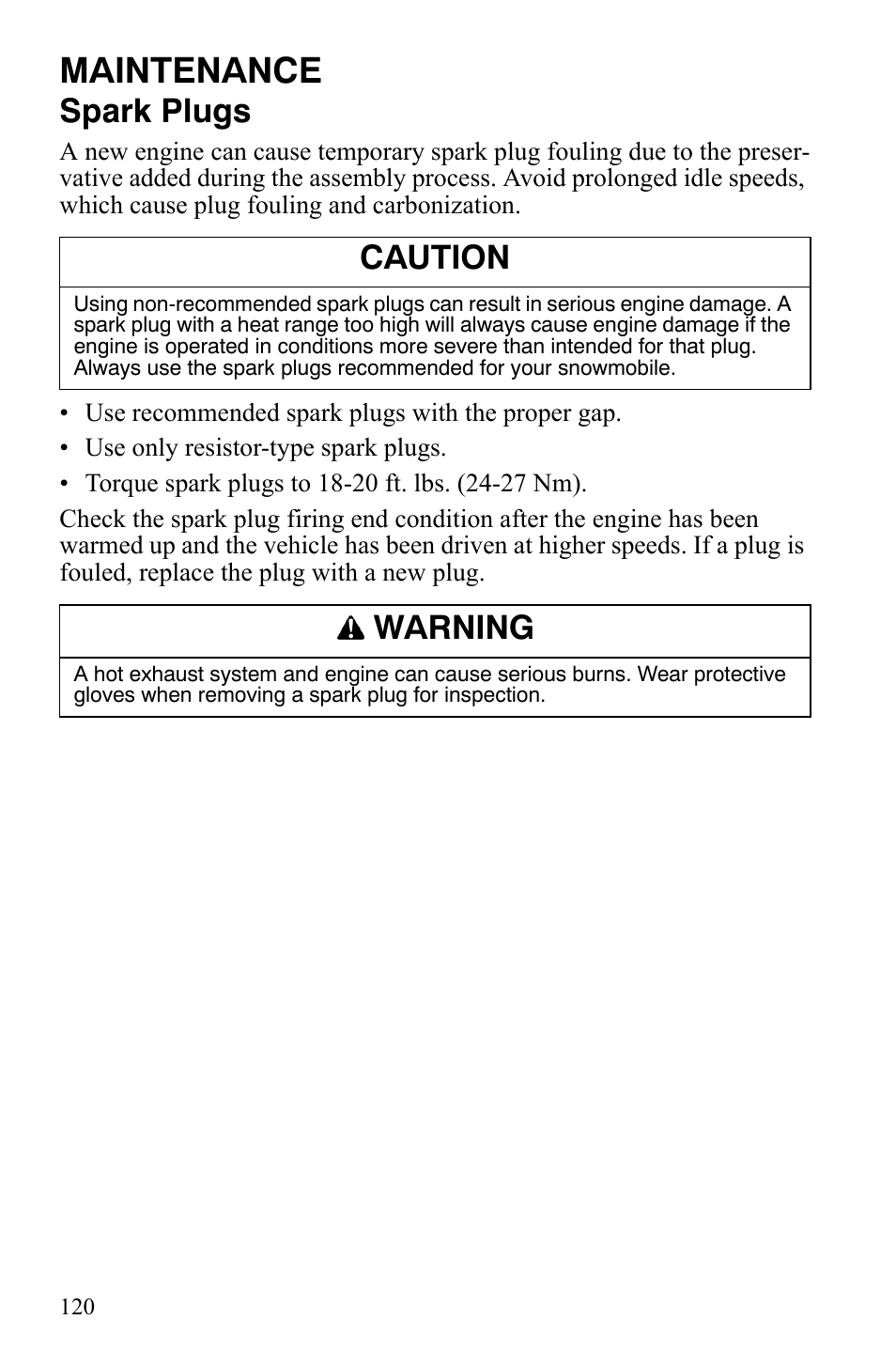 Maintenance, Spark plugs, Caution | Warning | Polaris FST IQ Touring User Manual | Page 123 / 179
