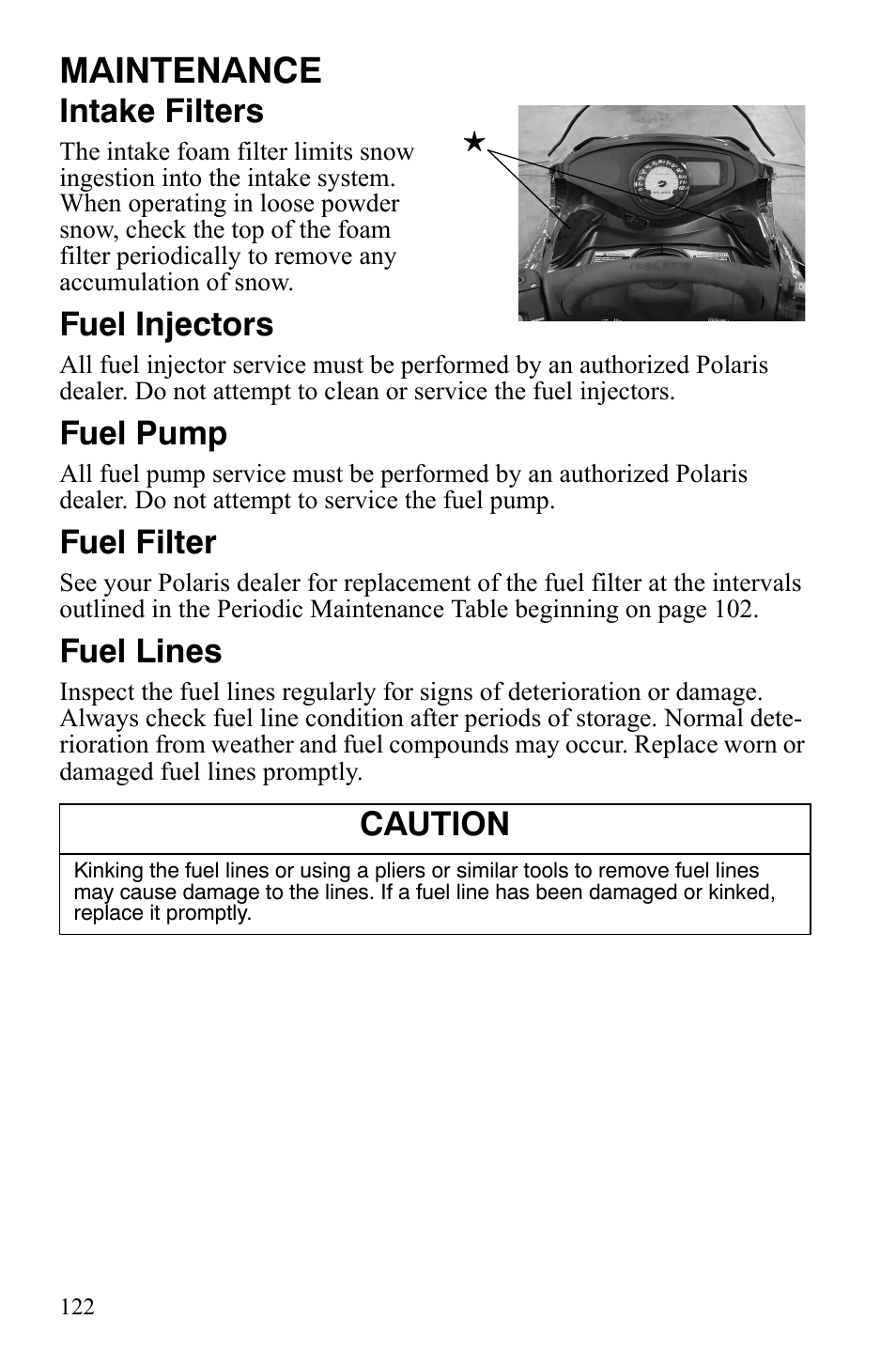 Maintenance, Intake filters, Fuel injectors | Fuel pump, Fuel filter, Fuel lines, Caution | Polaris FST IQ Touring User Manual | Page 125 / 179