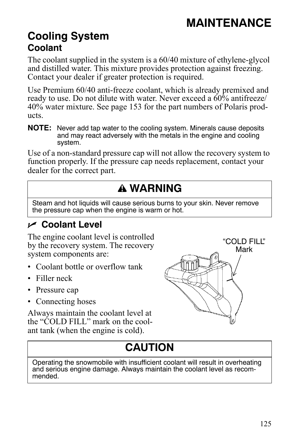 Maintenance, Cooling system, Warning | Caution | Polaris FST IQ Touring User Manual | Page 128 / 179