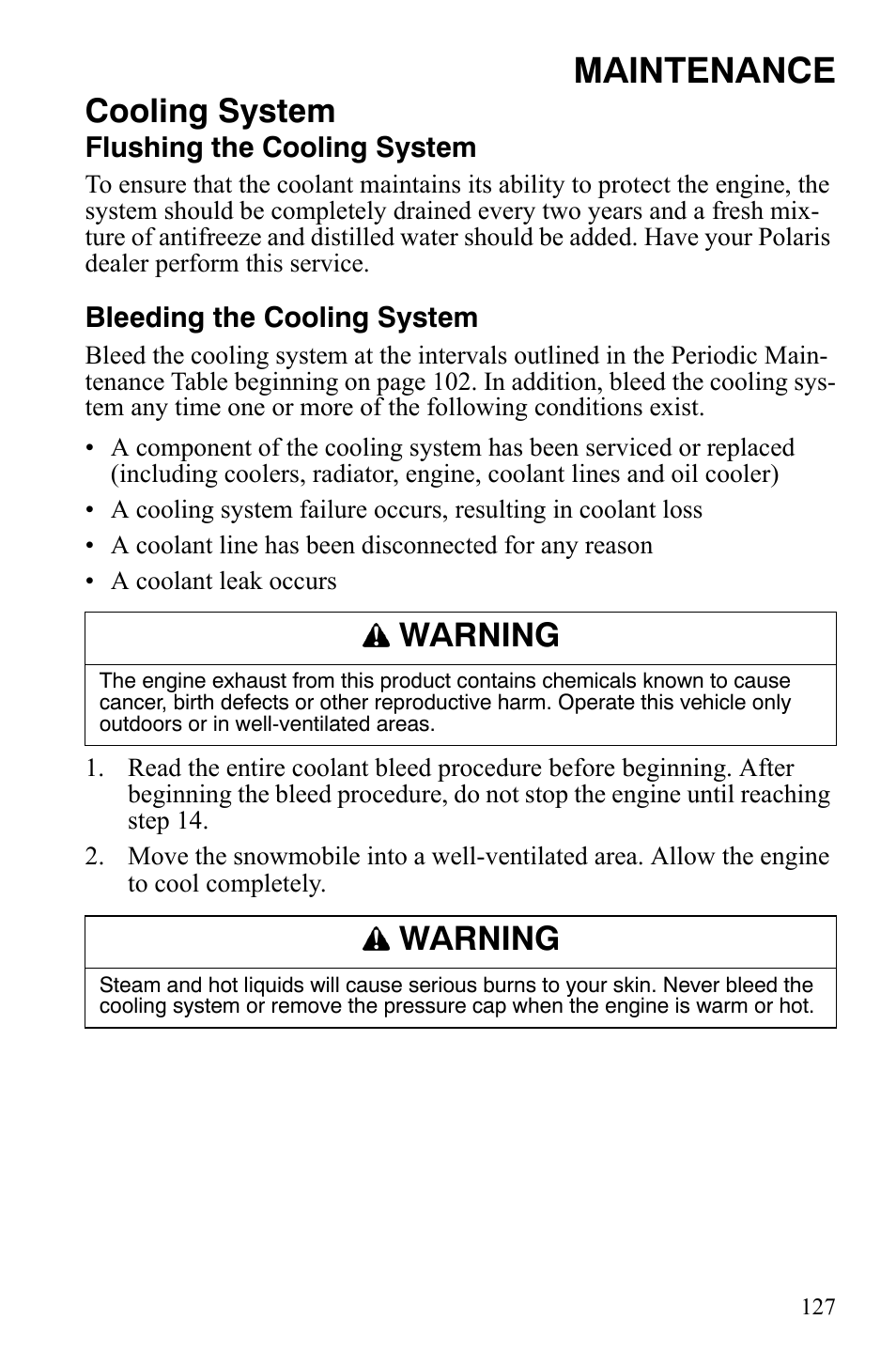 Maintenance, Cooling system, Warning | Polaris FST IQ Touring User Manual | Page 130 / 179